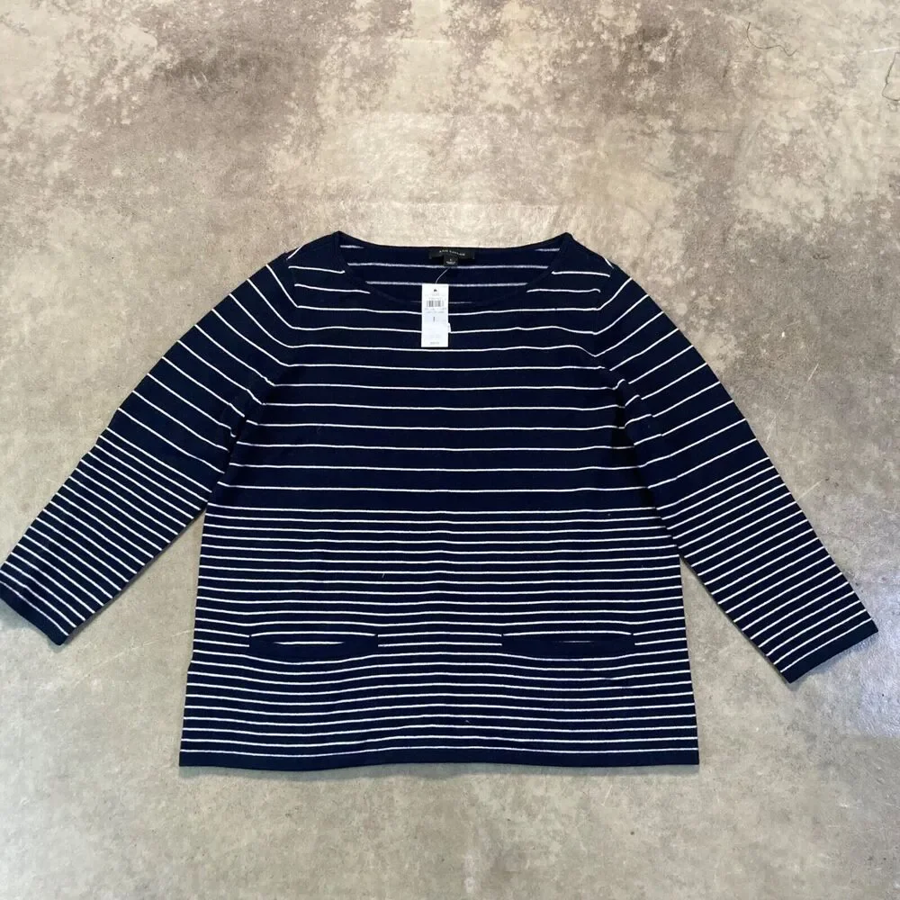 Ann Taylor Sweater Womens Large Navy Blue‎ Striped Welt Pocket Wool Blend